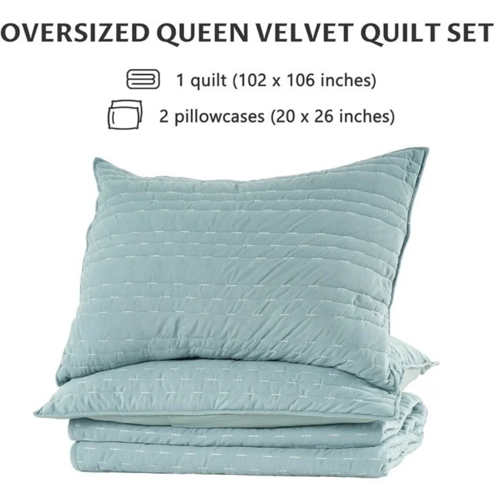 Kasentex Velvet Quilt Set Luxury Quilt 3PC Set Oversized Queen Lake Blue